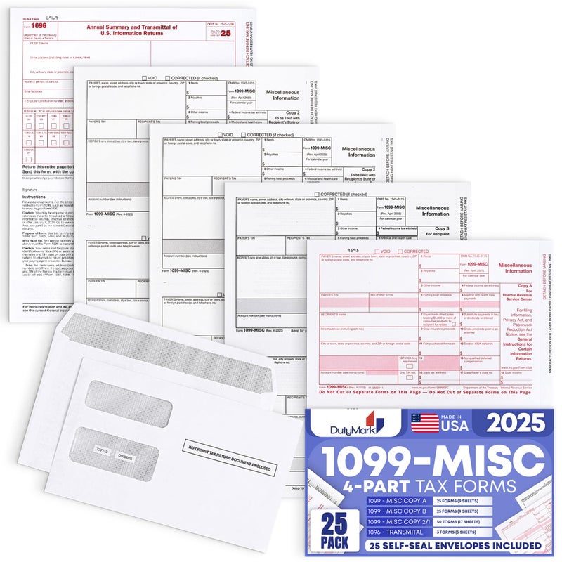 Dutymark DuryMark 1099 Misc Tax Forms 2025 with Envelopes, 25 Vendor Kit for 4 Part Tax Forms, Compatible with QuickBooks and Accountings Software, 25 Self Seal Envelopes, Made in USA - Image 1